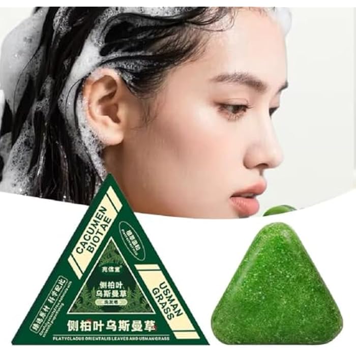 Cacumen Biotae Thuja Leaf and Usman Grass Shampoo Bar, Natural Herbal Formula, Green Triangle Shape - Image 5